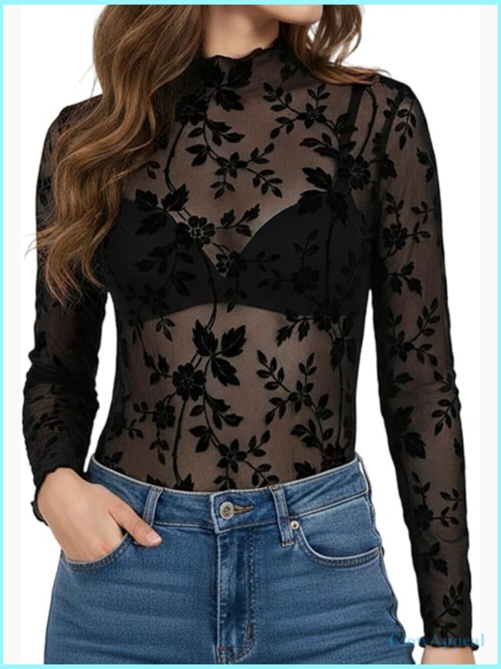 Lace Long Sleeve Blouse Mesh Sheer Fitted Mock Neck Top
